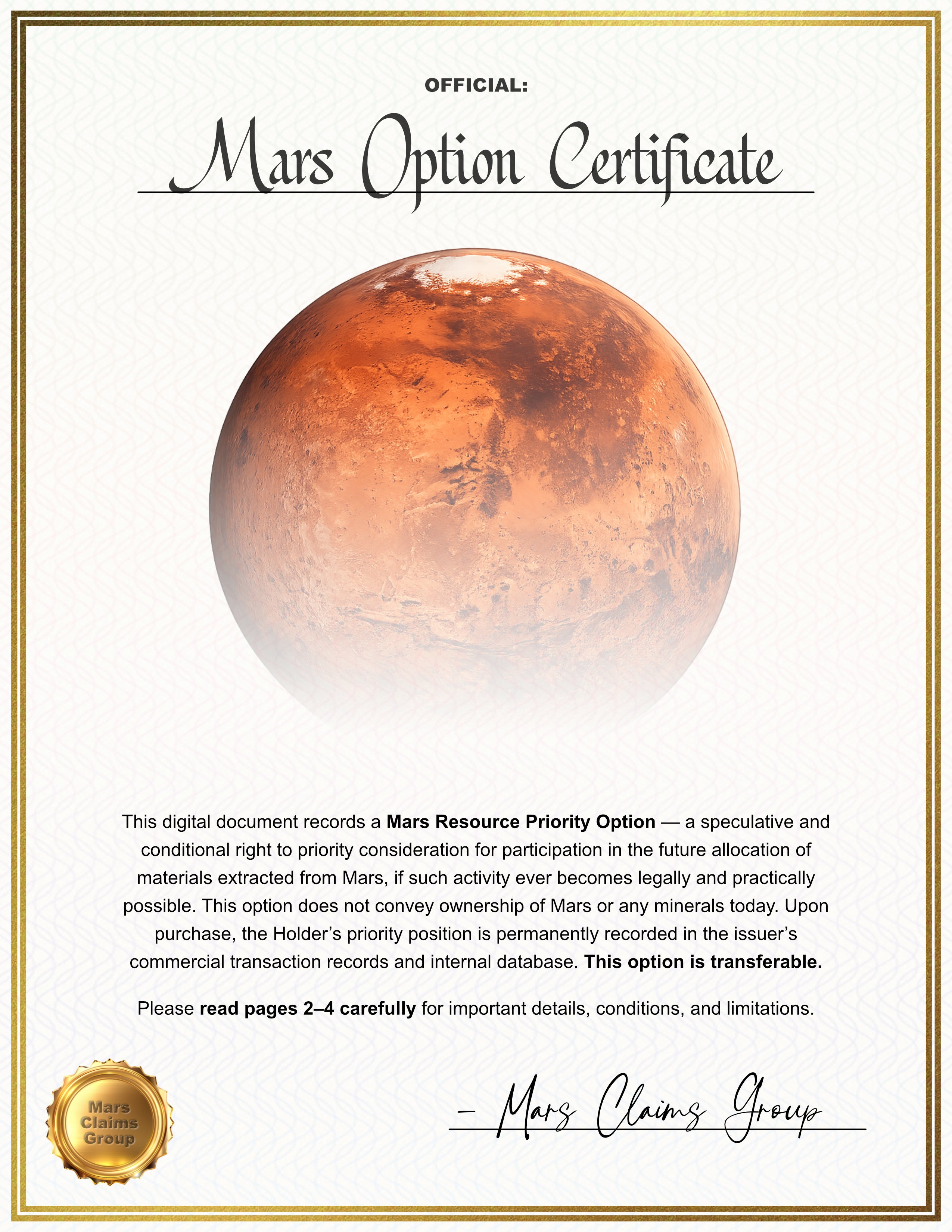 Mars Options Certificate (Download In Description)